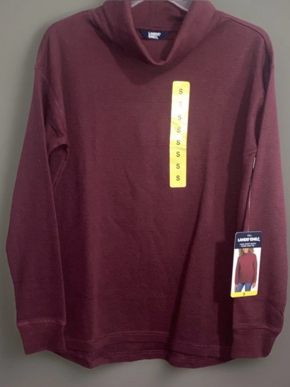 Lands End Long Sleeve Waffle Funnel Neck Top Maroon Cabincore Cozy Sz S NWT